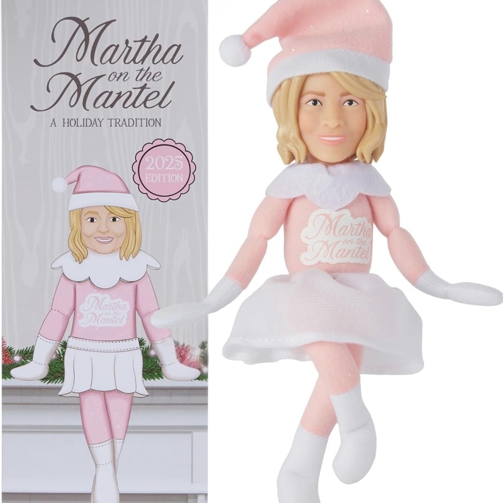 Martha Stewart on the mantel 2025 edition Pink and White Holiday Doll